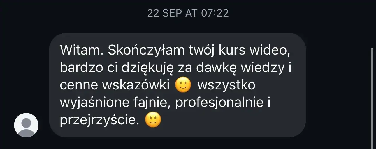 Opinia kursanta opisująca pierwsze sukcesy po wdrożeniu lekcji z kursu