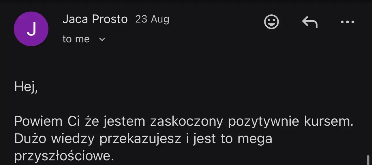 Wiadomość zwrotna od kursanta o rosnących wynikach po kursie AI Wideo PRO